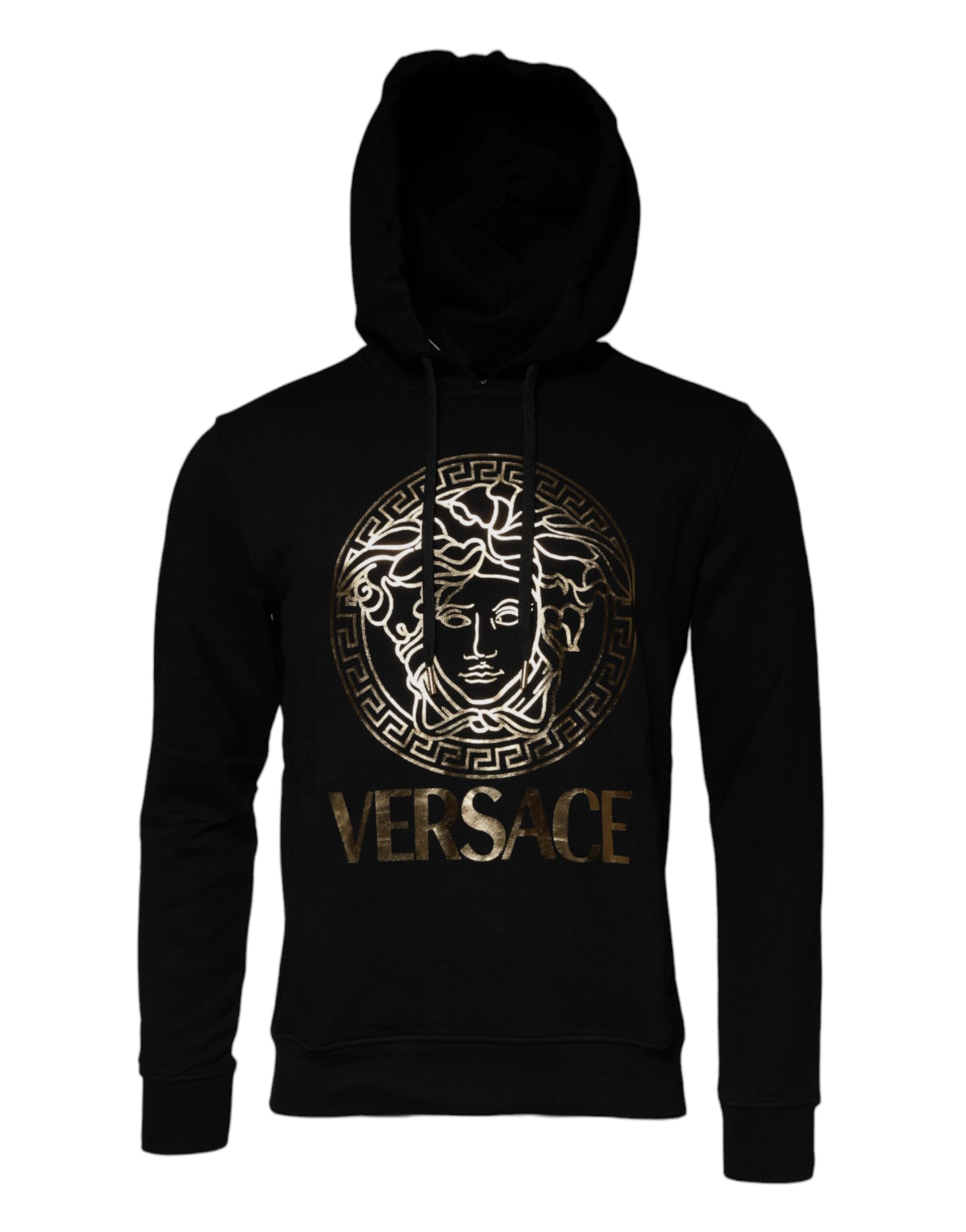 Black Medusa Cotton Hoodie Pullover Sweatshirt SweaterVERSACE Absolutely stunning, 100% Authentic, brand new with tags VERSACE printed pullover sweater crafted from cotton features a long sleeves and hoodie. Model: Pullover sweatshirt Color: Black, Gold M