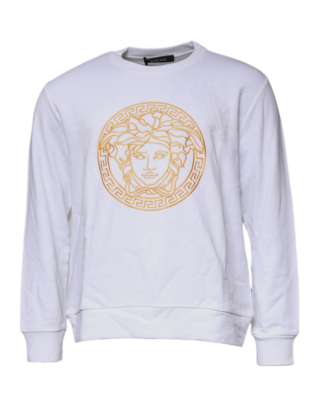 White Medusa Embroidery Crew Neck Pullover SweaterVERSACE Absolutely stunning, 100% Authentic brand new with tags VERSACE embroidered pullover sweater crafted from cotton features a long sleeves and crew neck. Model: Pullover sweater Color: White, Gold Ma