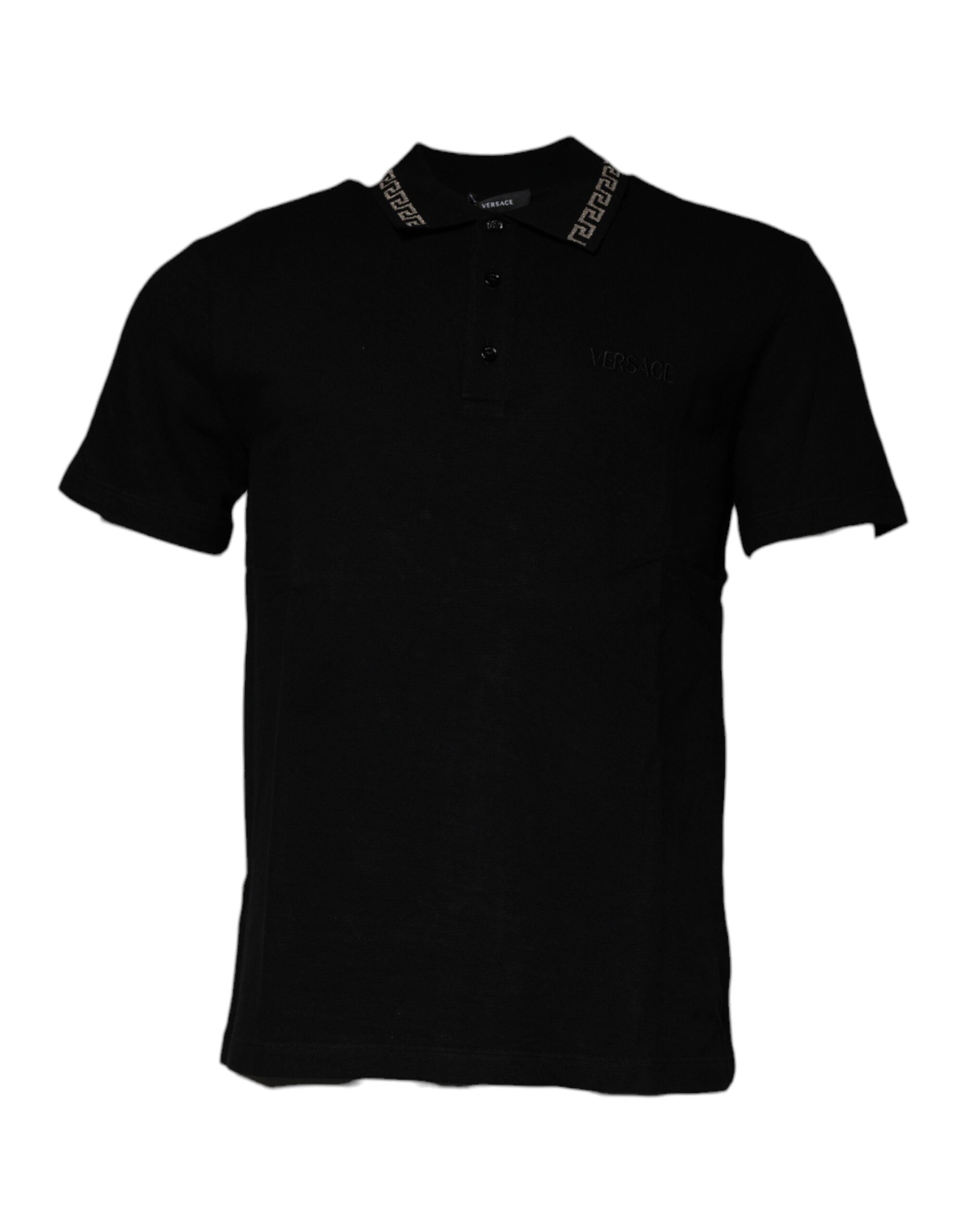 Black Viscose Collared Polo Short Sleeves T-shirtVERSACE Absolutely stunning, 100% Authentic brand new with tags VERSACE polo t-shirt crafted from viscose blend features a short sleeves and collared neck. Model: Collared neck polo t-shirt Colour: Black Ma