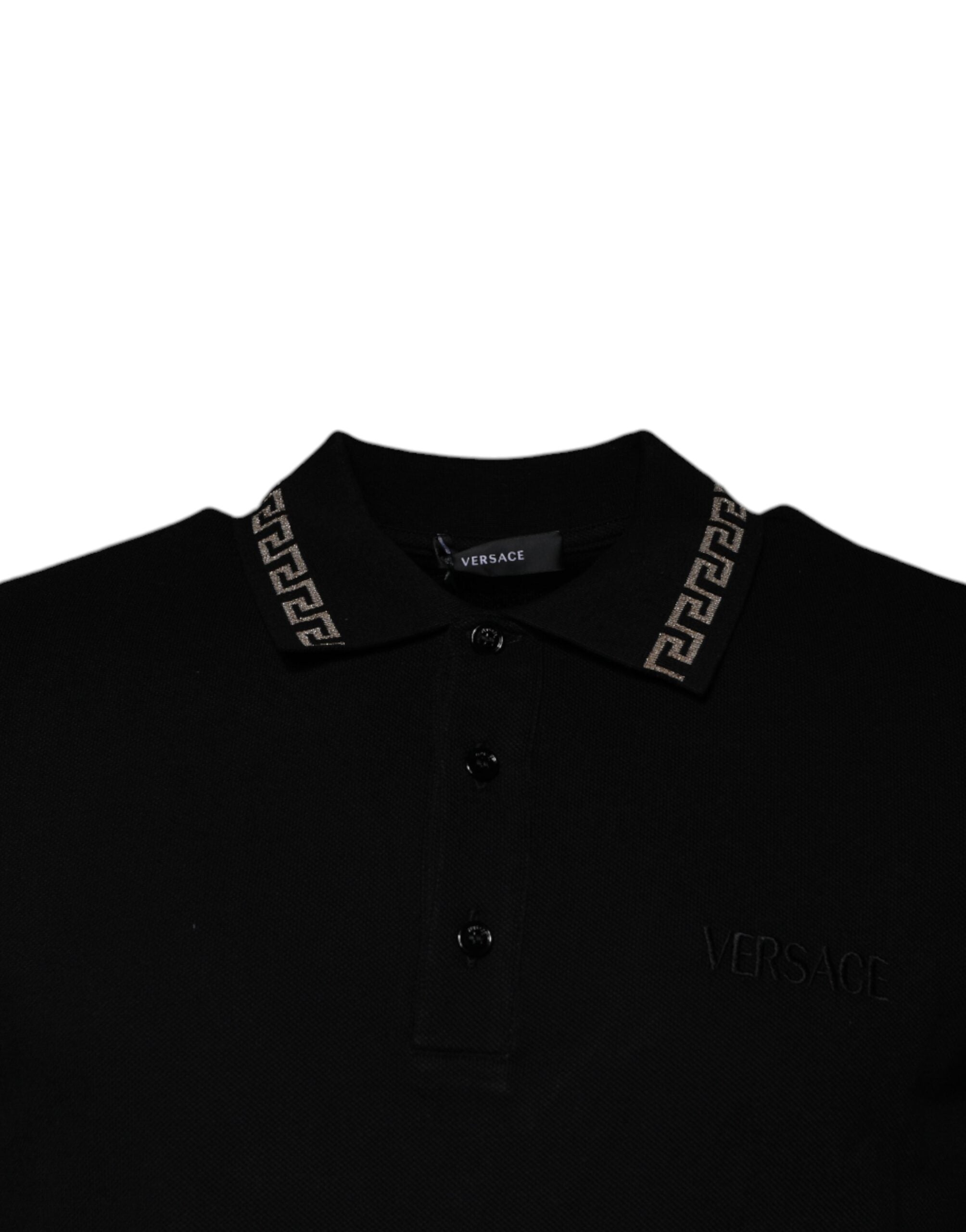 Black Viscose Collared Polo Short Sleeves T-shirtVERSACE Absolutely stunning, 100% Authentic brand new with tags VERSACE polo t-shirt crafted from viscose blend features a short sleeves and collared neck. Model: Collared neck polo t-shirt Colour: Black Ma