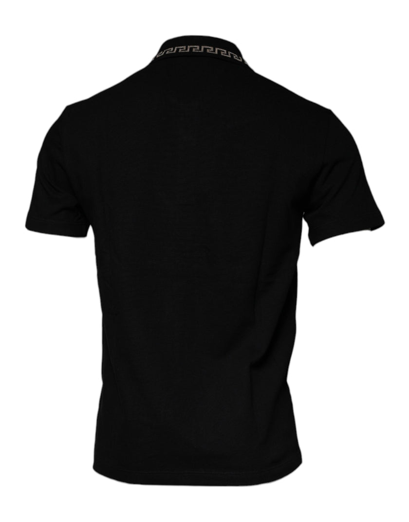 Black Viscose Collared Polo Short Sleeves T-shirtVERSACE Absolutely stunning, 100% Authentic brand new with tags VERSACE polo t-shirt crafted from viscose blend features a short sleeves and collared neck. Model: Collared neck polo t-shirt Colour: Black Ma