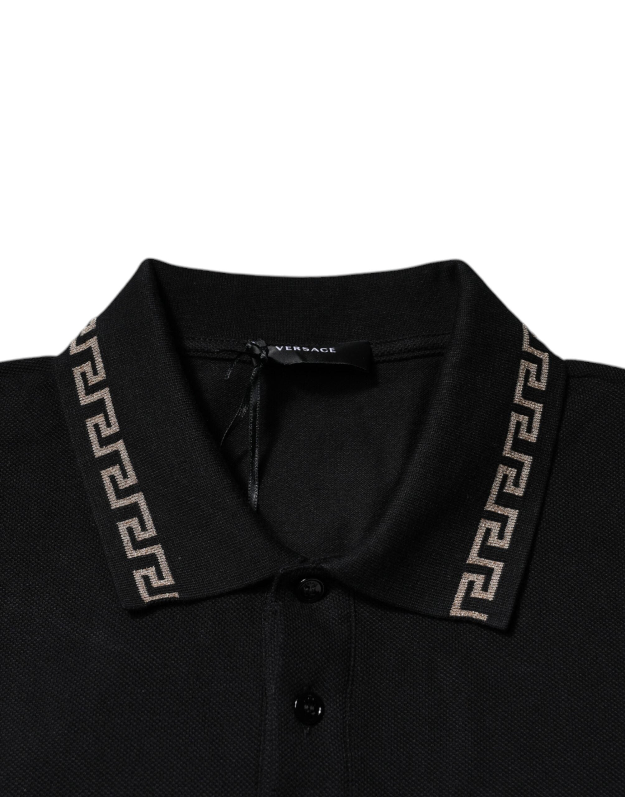 Black Viscose Collared Polo Short Sleeves T-shirtVERSACE Absolutely stunning, 100% Authentic brand new with tags VERSACE polo t-shirt crafted from viscose blend features a short sleeves and collared neck. Model: Collared neck polo t-shirt Colour: Black Ma