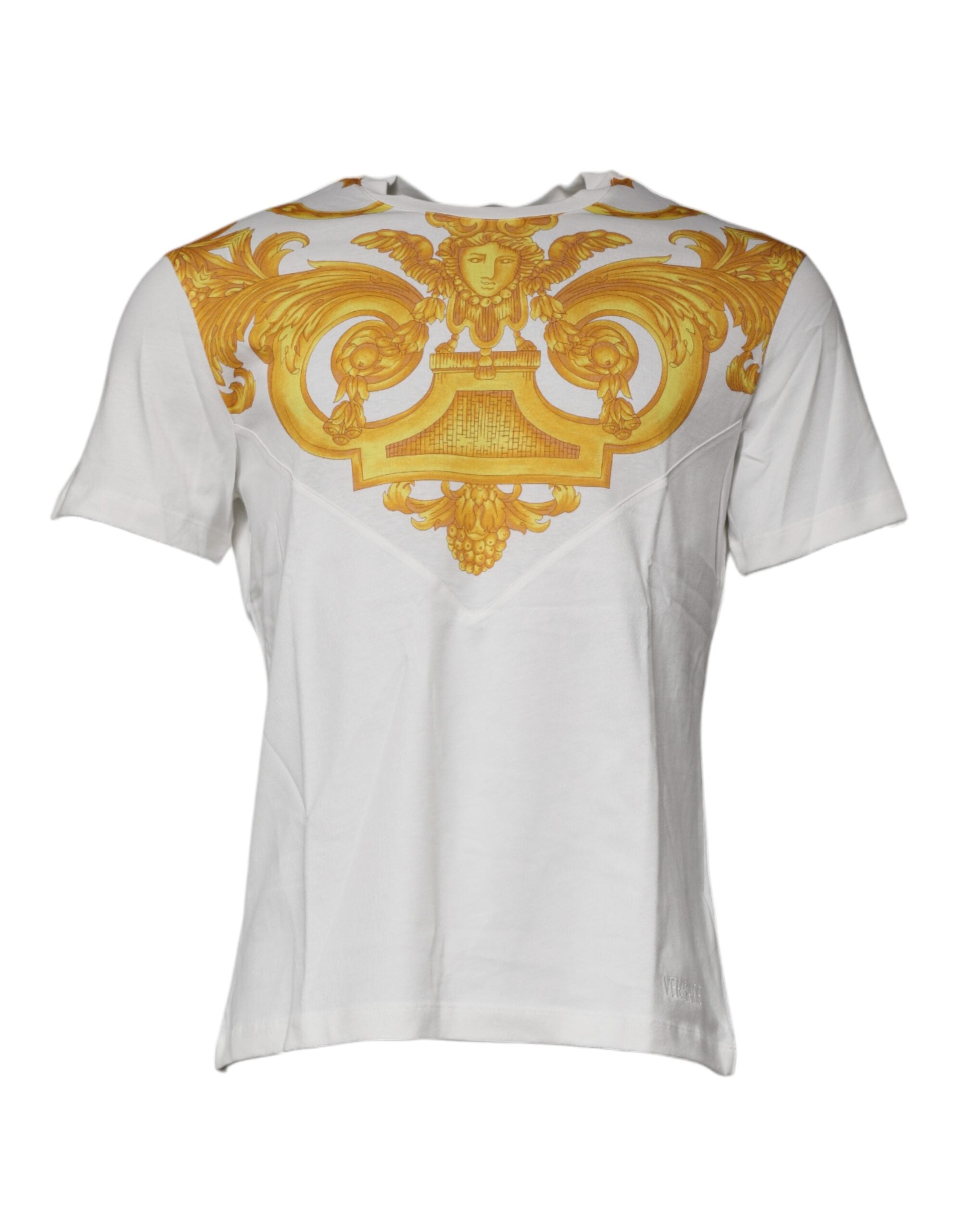 White Medusa Print Cotton Crew Neck T-shirtVERSACE Absolutely stunning, 100% Authentic brand new with tags VERSACE medusa print t-shirt crafted from cotton features a short sleeves and crew neck. Model: Crew neck t-shirt Color: White, Gold Material: 100%