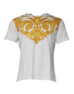 White Medusa Print Cotton Crew Neck T-shirtVERSACE Absolutely stunning, 100% Authentic brand new with tags VERSACE medusa print t-shirt crafted from cotton features a short sleeves and crew neck. Model: Crew neck t-shirt Color: White, Gold Material: 100%
