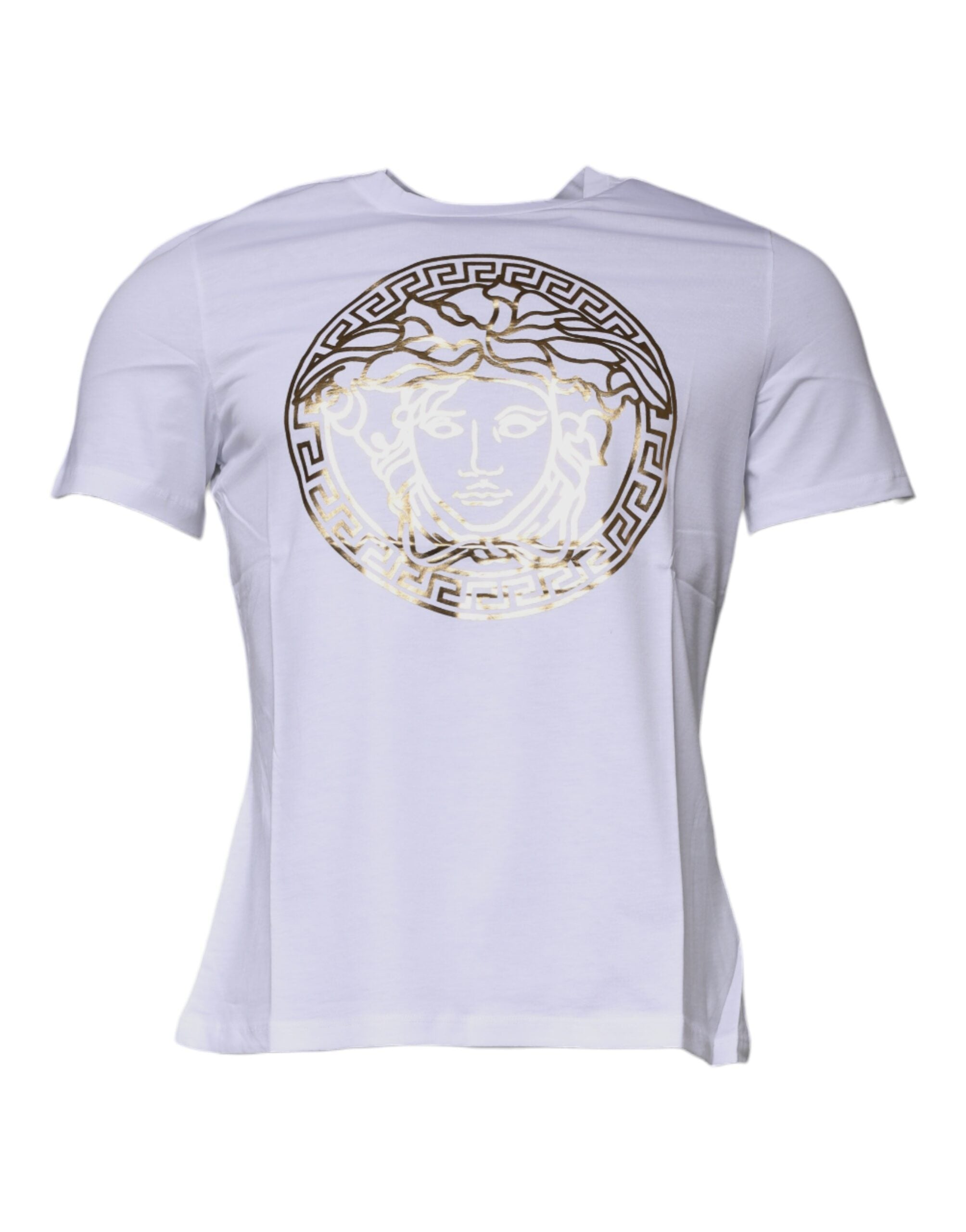 White Medusa Print Cotton Crew Neck T-shirtVERSACE Absolutely stunning, 100% Authentic brand new with tags VERSACE medusa print t-shirt crafted from cotton features a short sleeves and crew neck. Model: Crew neck t-shirt Color: White, Gold Material: 100%