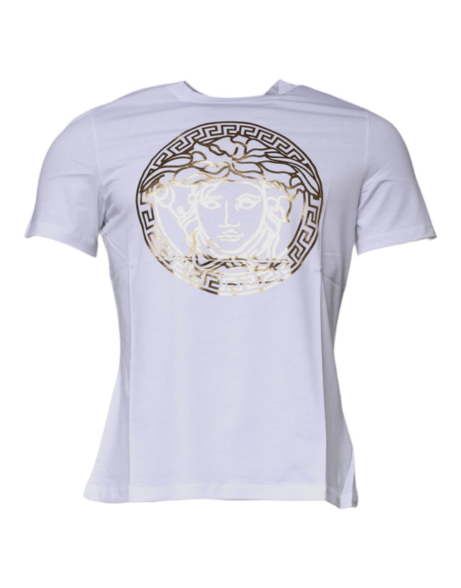 White Medusa Print Cotton Crew Neck T-shirtVERSACE Absolutely stunning, 100% Authentic brand new with tags VERSACE medusa print t-shirt crafted from cotton features a short sleeves and crew neck. Model: Crew neck t-shirt Color: White, Gold Material: 100%