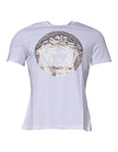 White Medusa Print Cotton Crew Neck T-shirtVERSACE Absolutely stunning, 100% Authentic brand new with tags VERSACE medusa print t-shirt crafted from cotton features a short sleeves and crew neck. Model: Crew neck t-shirt Color: White, Gold Material: 100%