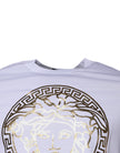 White Medusa Print Cotton Crew Neck T-shirtVERSACE Absolutely stunning, 100% Authentic brand new with tags VERSACE medusa print t-shirt crafted from cotton features a short sleeves and crew neck. Model: Crew neck t-shirt Color: White, Gold Material: 100%