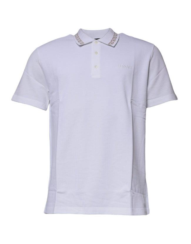 White Viscose Collared Men Polo Short Sleeves T-shirtVERSACE Absolutely stunning, 100% Authentic brand new with tags VERSACE polo t-shirt crafted from viscose blend features a short sleeves and collared neck. Model: Collared neck polo t-shirt Color: White