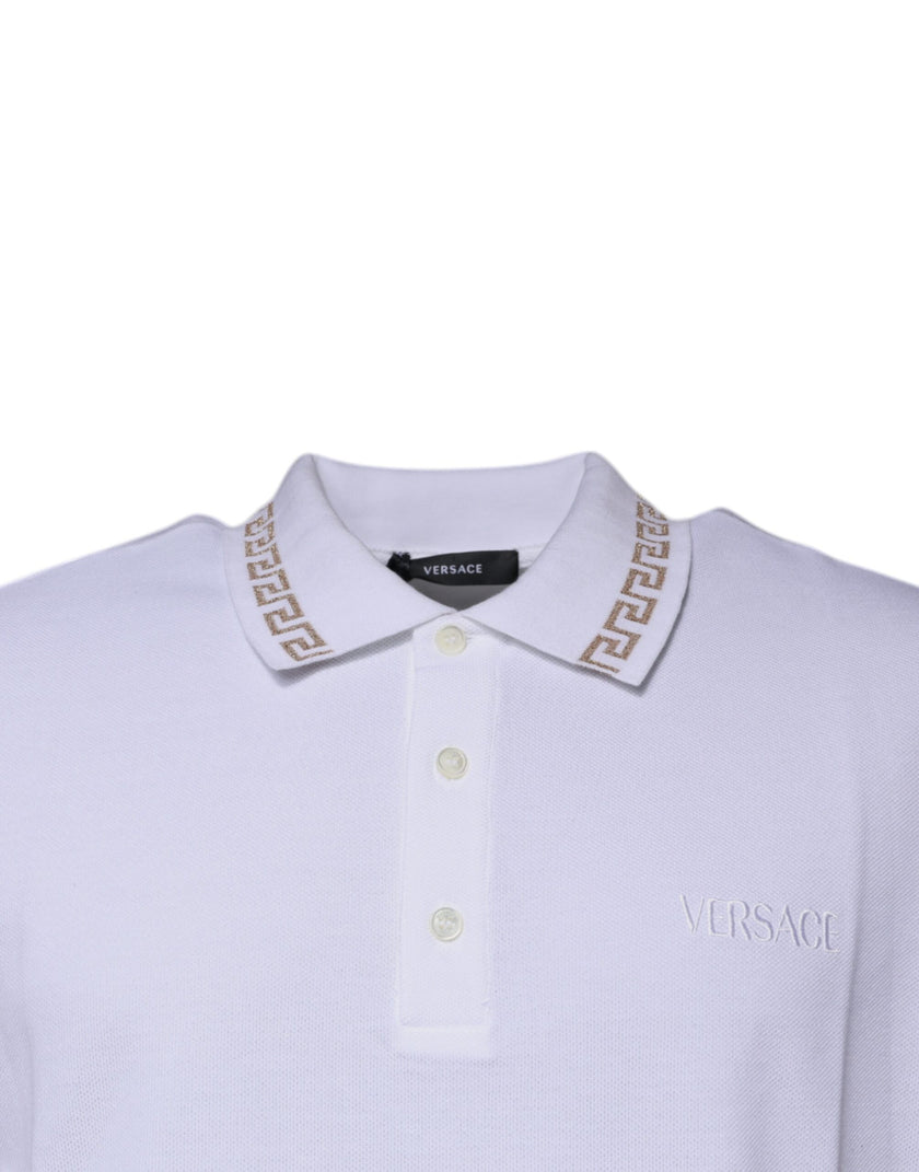 White Viscose Collared Men Polo Short Sleeves T-shirtVERSACE Absolutely stunning, 100% Authentic brand new with tags VERSACE polo t-shirt crafted from viscose blend features a short sleeves and collared neck. Model: Collared neck polo t-shirt Color: White