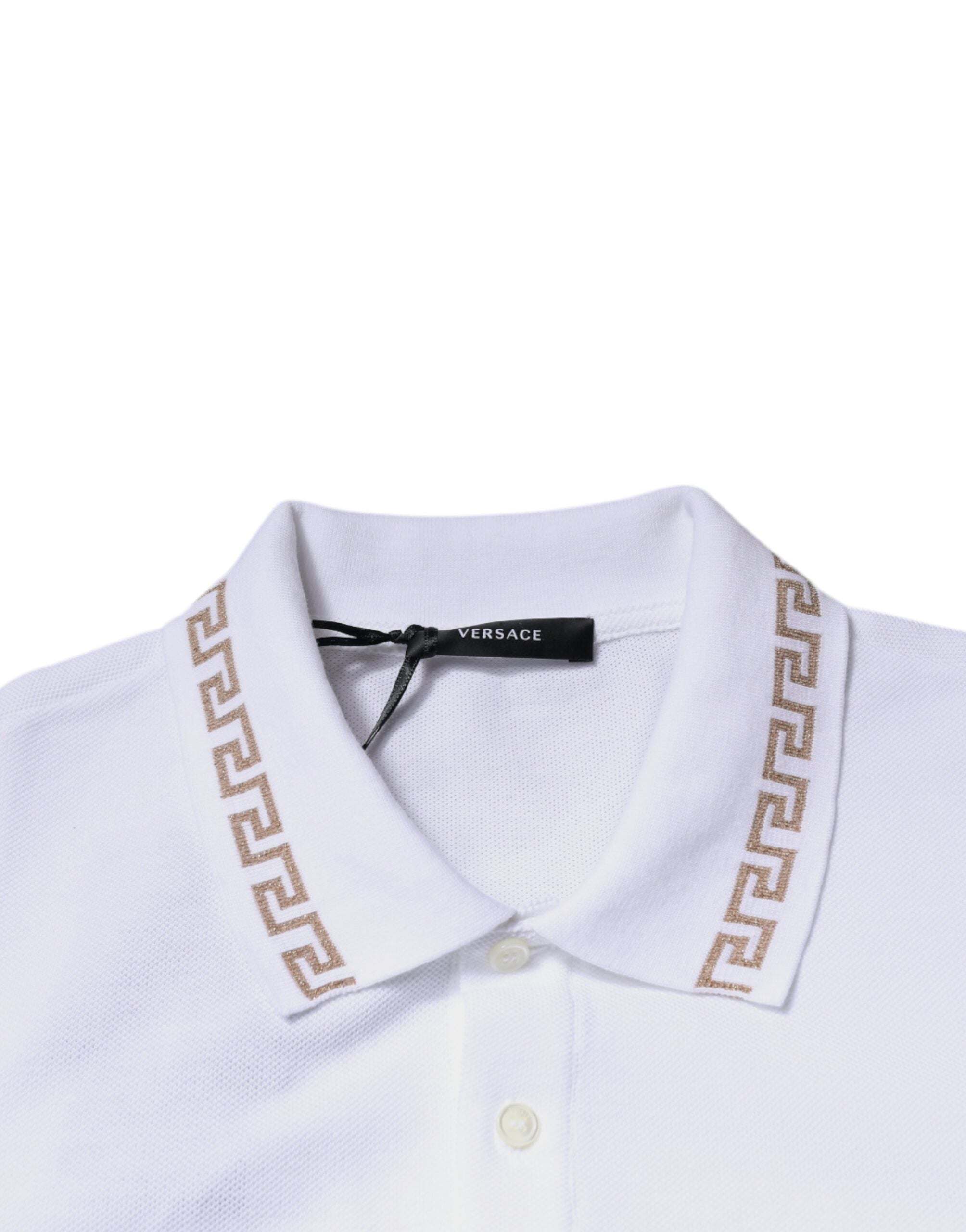White Viscose Collared Men Polo Short Sleeves T-shirtVERSACE Absolutely stunning, 100% Authentic brand new with tags VERSACE polo t-shirt crafted from viscose blend features a short sleeves and collared neck. Model: Collared neck polo t-shirt Color: White