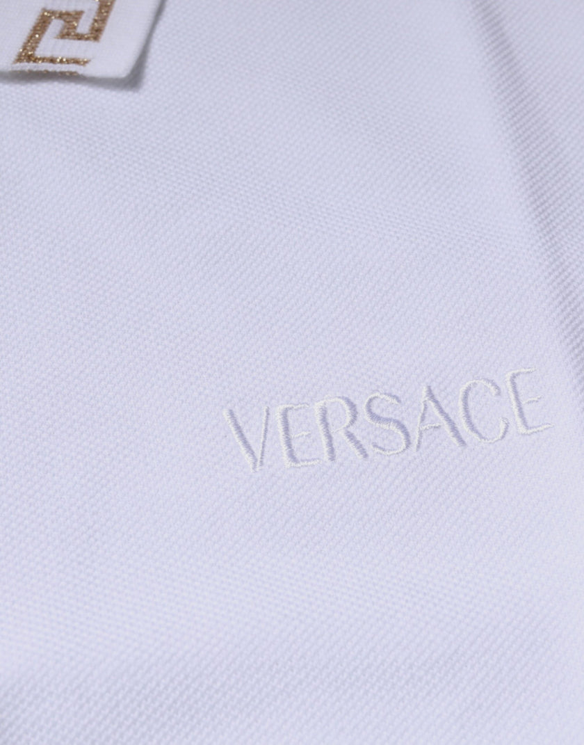 White Viscose Collared Men Polo Short Sleeves T-shirtVERSACE Absolutely stunning, 100% Authentic brand new with tags VERSACE polo t-shirt crafted from viscose blend features a short sleeves and collared neck. Model: Collared neck polo t-shirt Color: White