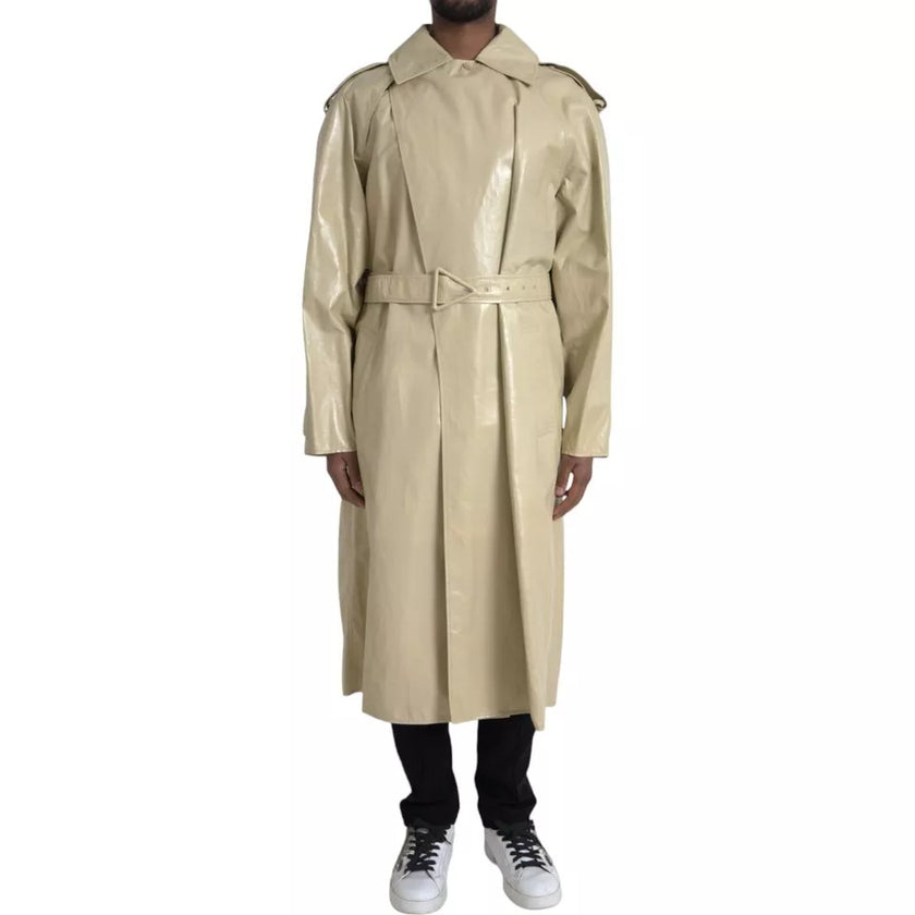 Beige Lambskin Leather Trench Coat JacketBOTTEGA VENETA Absolutely stunning, 100% Authentic, brand new with tags BOTTEGA VENETA trench coat waterproof jacket. Model: Trench coat jacket Colour: Black Material: 100% Calf Leather Full button closure Logo det