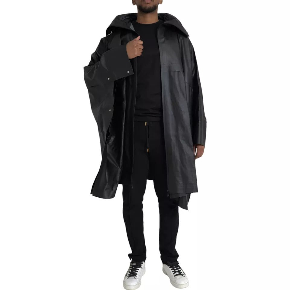 Bottega Veneta Schwarzer Leder-Trenchcoat mit Kapuze für Herren