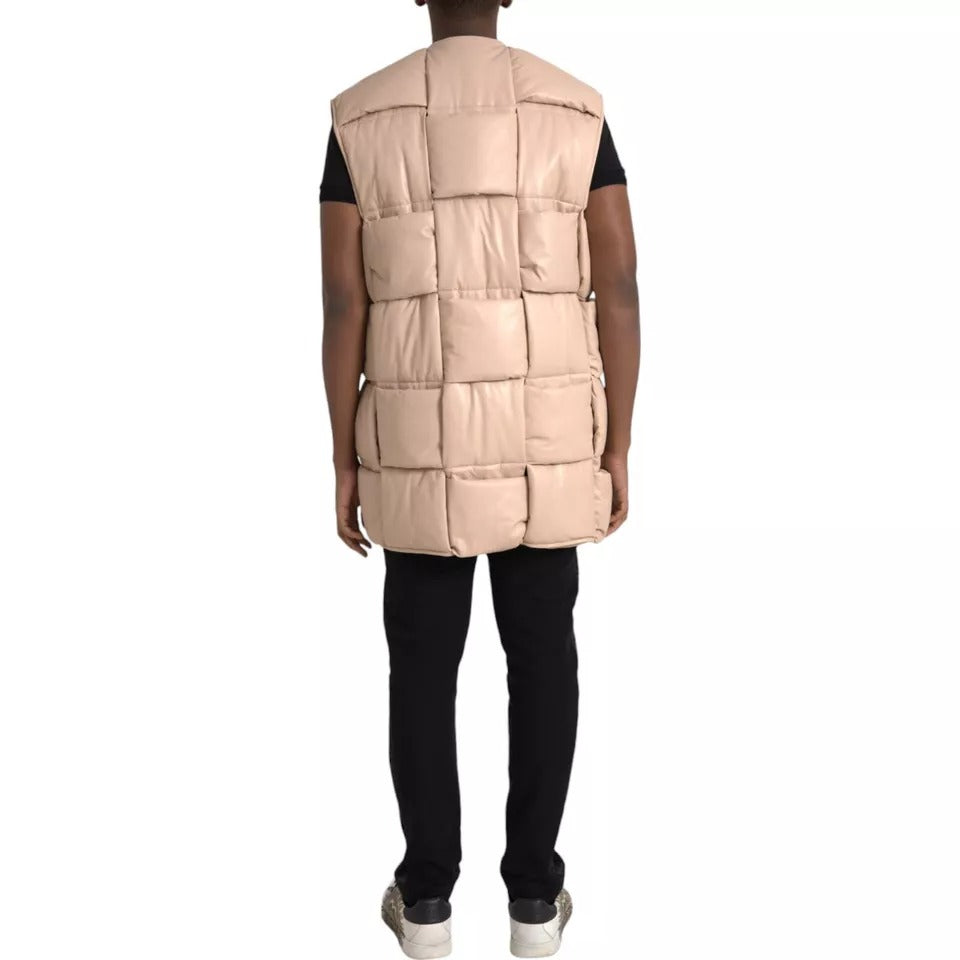 Veste matelassée beige sans manches en cuir de veau