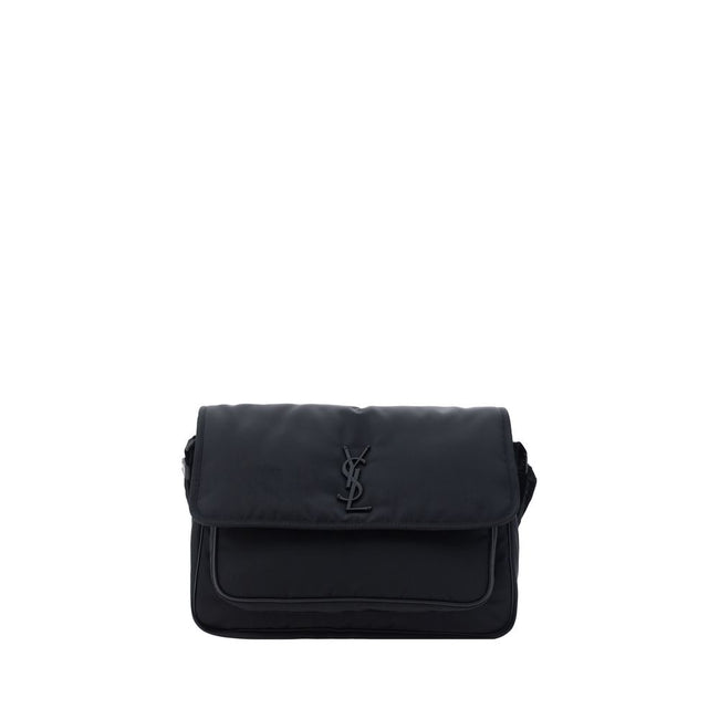 Black Polyamide Shoulder BagNiki Camera Shoulder Bag by Saint Laurent, front closure by magnetic flap, all-over padded and quilted chévron fabric design, embossed and matching iconic YSL brand logo plaque on front, triple interior compartment, removable a