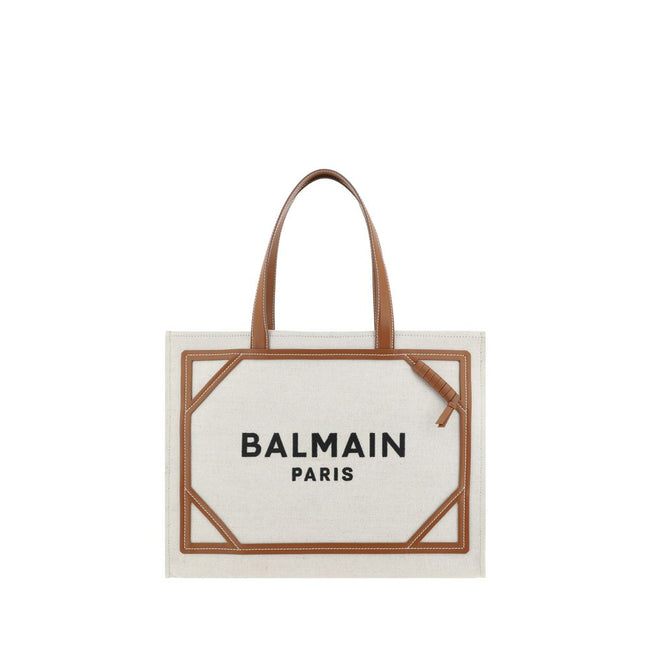 Beige Cotton Shoulder BagCotton B-Army Medium Shoulder Bag by Balmain features flat top leather handles, contrasting embroidered iconic brand monogram at front, leather details, top hook closure, interior pouch, single interior compartment Season: AW25 Di