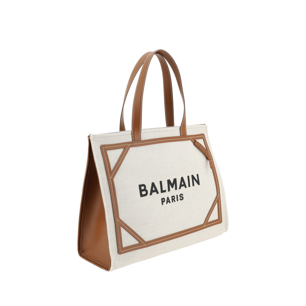 Beige Cotton Shoulder BagCotton B-Army Medium Shoulder Bag by Balmain features flat top leather handles, contrasting embroidered iconic brand monogram at front, leather details, top hook closure, interior pouch, single interior compartment Season: AW25 Di