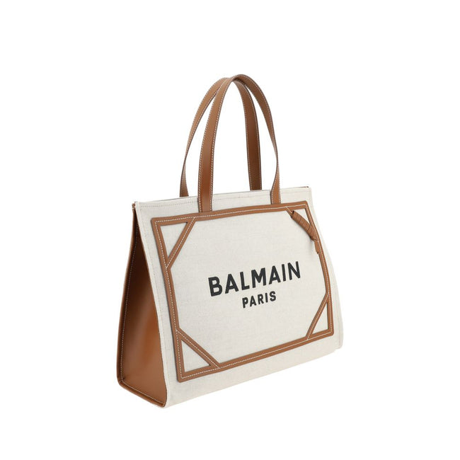 Beige Cotton Shoulder BagCotton B-Army Medium Shoulder Bag by Balmain features flat top leather handles, contrasting embroidered iconic brand monogram at front, leather details, top hook closure, interior pouch, single interior compartment Season: AW25 Di