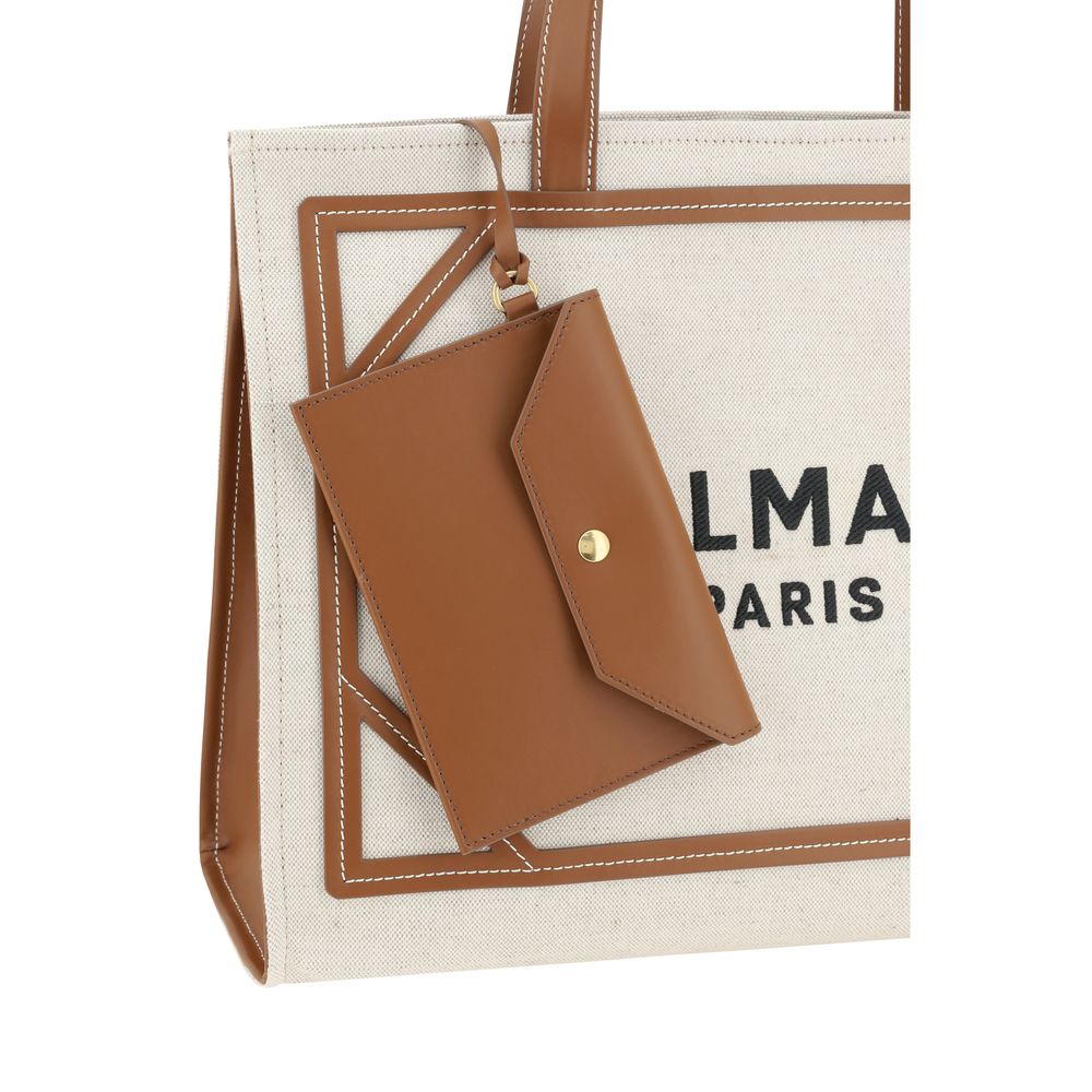 Beige Cotton Shoulder BagCotton B-Army Medium Shoulder Bag by Balmain features flat top leather handles, contrasting embroidered iconic brand monogram at front, leather details, top hook closure, interior pouch, single interior compartment Season: AW25 Di