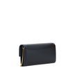 Black Calf Leather Bos Taurus WalletCalfskin Shoulder Wallet by Balmain, gold-plated chain shoulder strap, front closure by magnetic flap, maxi three-dimensional brand logo plaque applied on front, interior coin compartment, bill compartment and interior