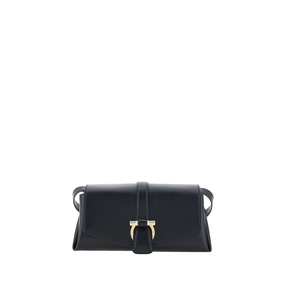Black Calf Leather Bos Taurus Shoulder BagLeather Flap Shoulder Bag by Ferragamo, flat handle at adjustable top, t three-dimensional plaque with iconic logo applique on front, front closure by magnetic flap, single compartment. Season: AW25 Composition: G