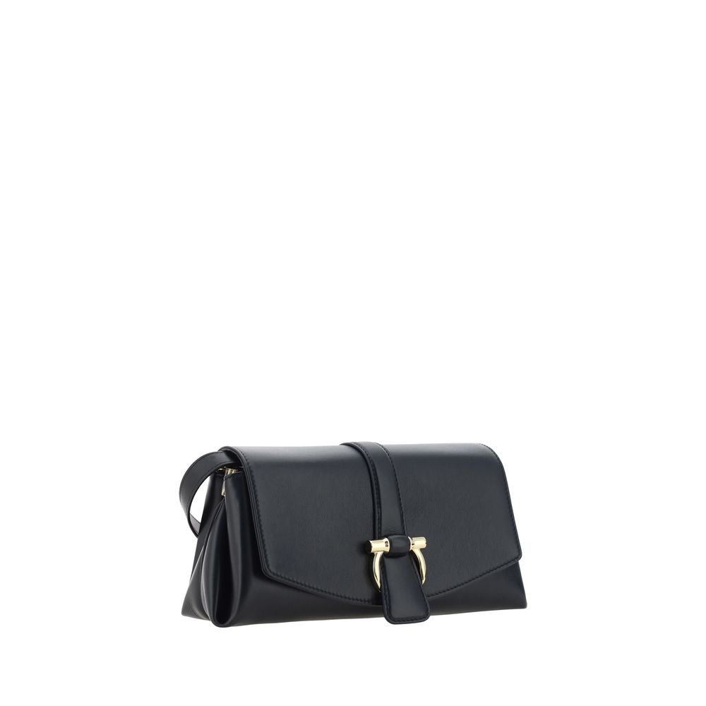 Black Calf Leather Bos Taurus Shoulder BagLeather Flap Shoulder Bag by Ferragamo, flat handle at adjustable top, t three-dimensional plaque with iconic logo applique on front, front closure by magnetic flap, single compartment. Season: AW25 Composition: G