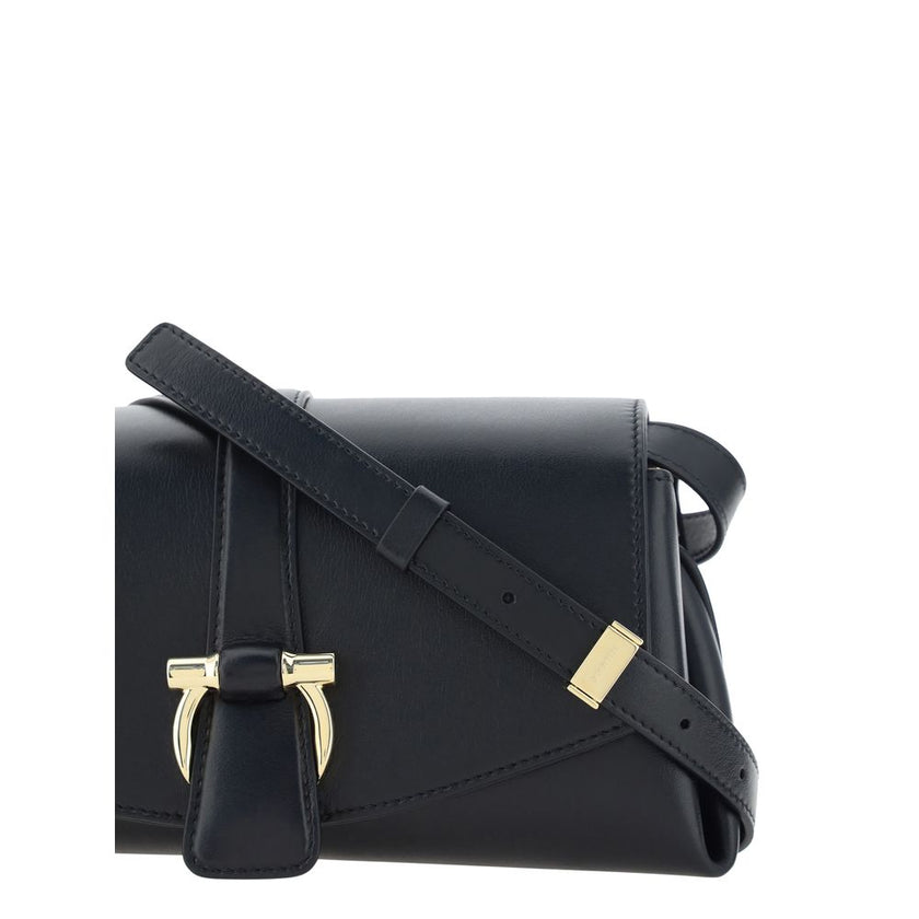 Black Calf Leather Bos Taurus Shoulder BagLeather Flap Shoulder Bag by Ferragamo, flat handle at adjustable top, t three-dimensional plaque with iconic logo applique on front, front closure by magnetic flap, single compartment. Season: AW25 Composition: G