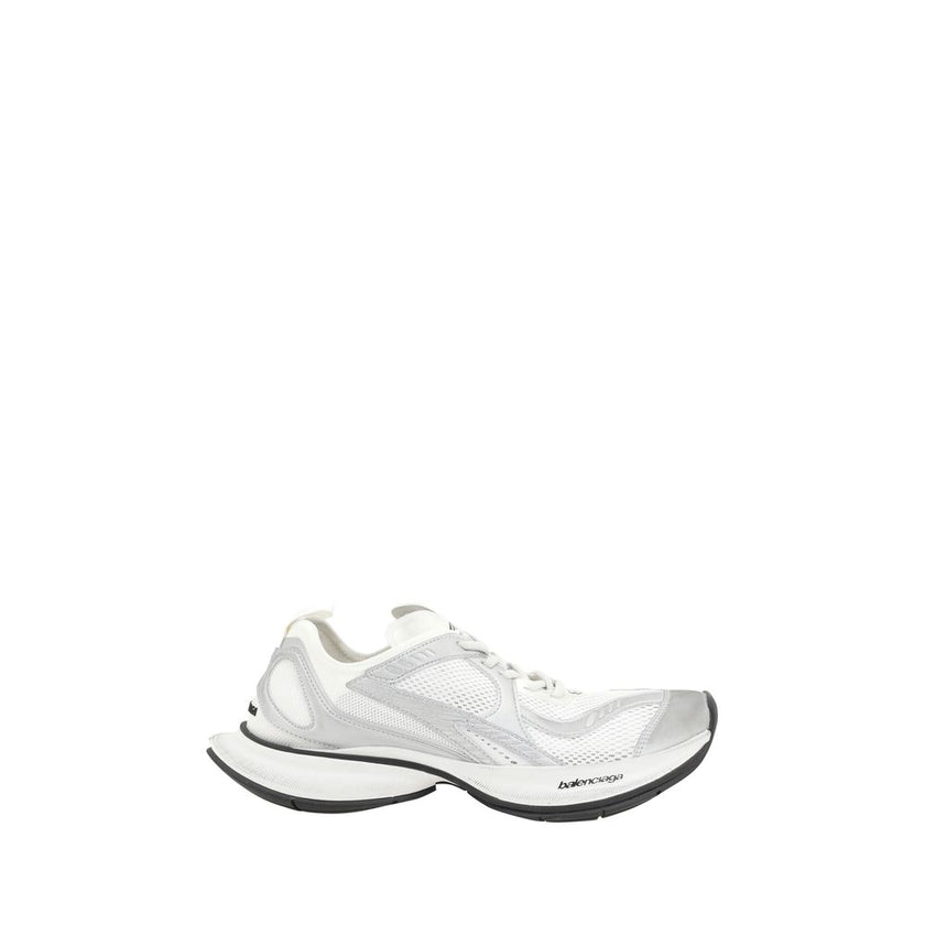 White Polyethylene Athletic SneakersBalenciaga’s Circuit Sneakers feature a textured platform sole that gives a modern look. The paneled design combines materials such as leather and technical fabrics, creating a visually interesting and dynamic structure