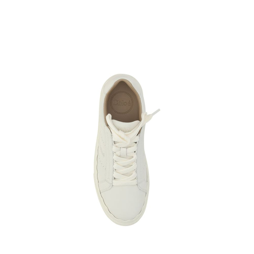 White Calf Leather Bos Taurus Low Top SneakersCalfskin Lauren Sneakers by Chloé, featuring lace-up front fastening, round toe, flat sole, perforated detailing on side panels, iconic brand monogram on front tongue and side panels, brand logo print on insol