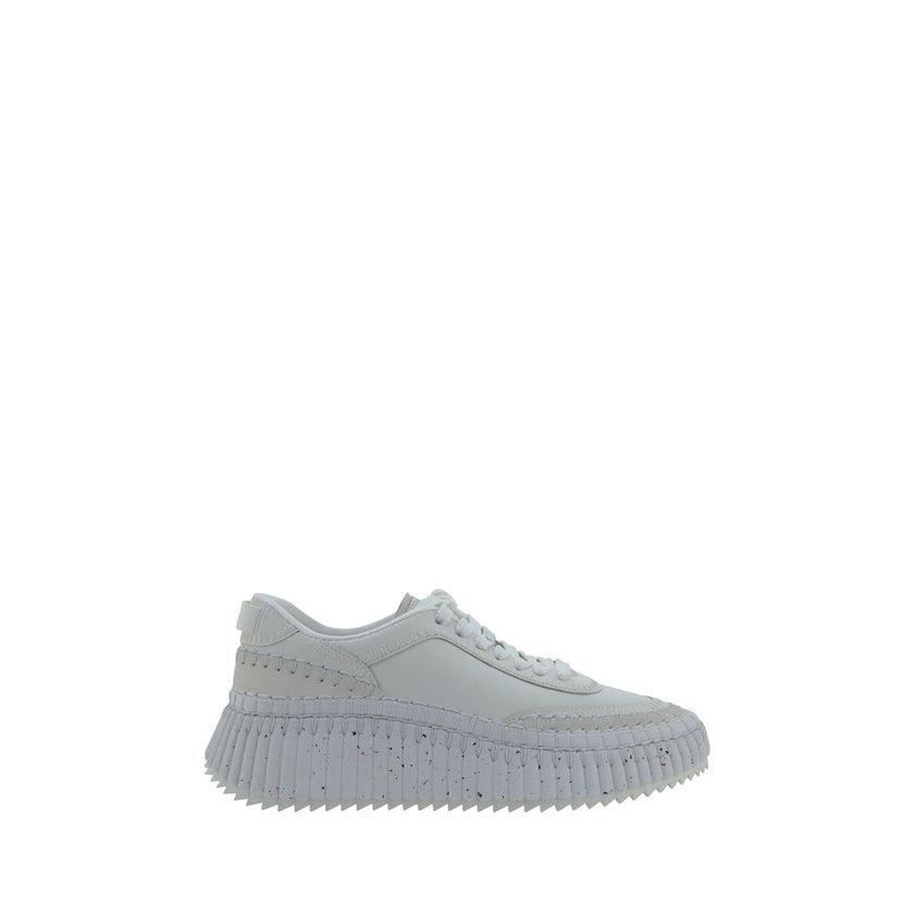 White Calf Leather Bos Taurus Platform SneakersCalfskin nama Sneakers by Chloé, lace-up front closure, mesh design on side panels, crater-effect structured platform sole, iconic brand monogram pressure-stamped at heel, logo-printed insole. Season: AW25 Co