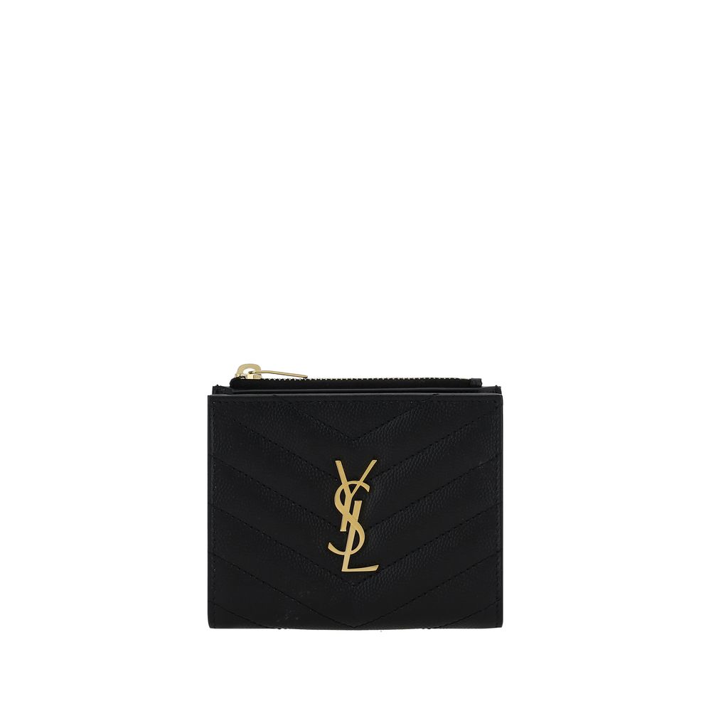 Black Calf Leather Bos Taurus WalletCalfskin Wallet by Saint Laurent, matelassé design, embossed iconic monogram plaque on front, snap-button closure, interior card slot and bill compartment, zippered slot pocket on top. Season: AW25 Dimension: 12x12x2 Co