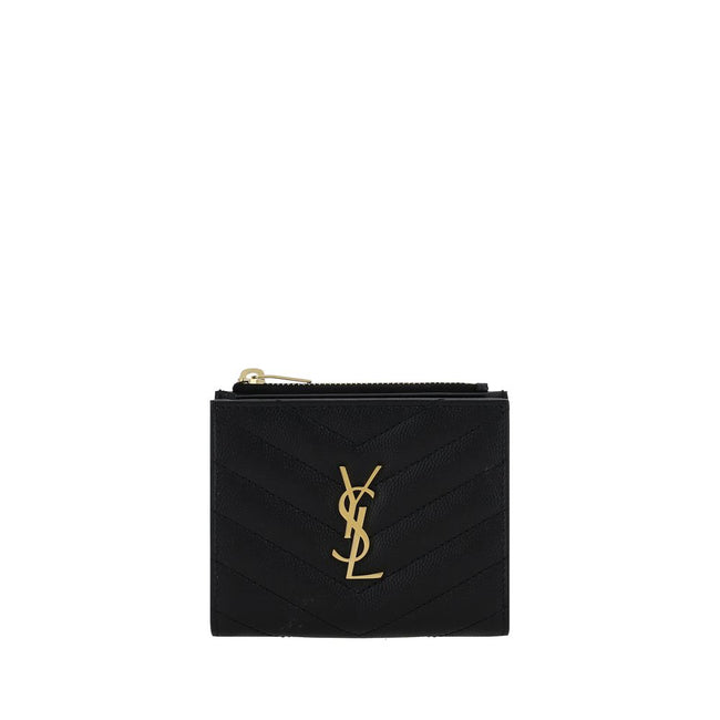 Black Calf Leather Bos Taurus WalletCalfskin Wallet by Saint Laurent, matelassé design, embossed iconic monogram plaque on front, snap-button closure, interior card slot and bill compartment, zippered slot pocket on top. Season: AW25 Dimension: 12x12x2 Co