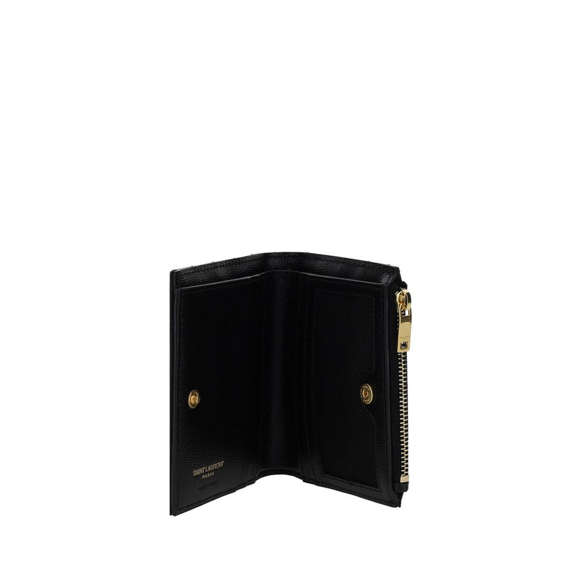 Black Calf Leather Bos Taurus WalletCalfskin Wallet by Saint Laurent, matelassé design, embossed iconic monogram plaque on front, snap-button closure, interior card slot and bill compartment, zippered slot pocket on top. Season: AW25 Dimension: 12x12x2 Co