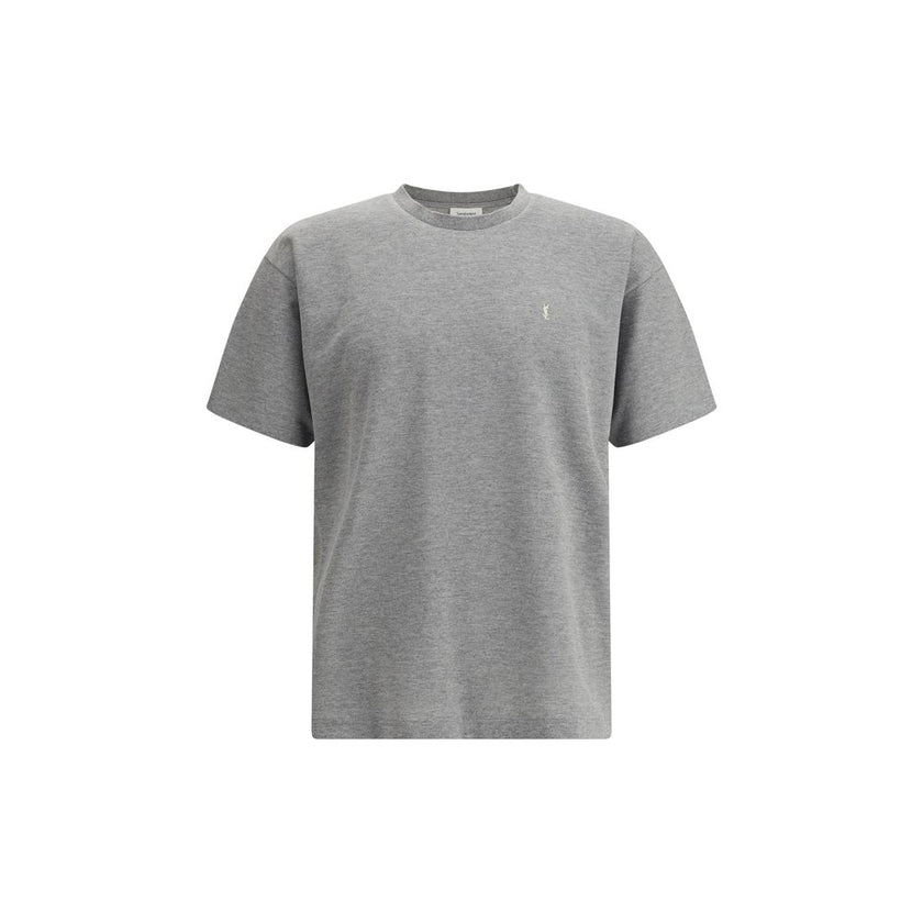 Grey Cotton Oversized T-shirtSaint Laurent’s oversized T-shirt is a casual yet sophisticated piece with a ribbed crew neck for comfort. The brand’s iconic logo, stitched on the front, adds a touch of understated elegance. The mélange pattern gives a sligh