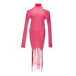 Pink Cotton Casual DressBottega Veneta Stretch Knit Long Dress with Fringes, doubled with two fabrics in pink and red, mock neck, long sleeves, stretch ribbed knit, sheath pattern, long two-tone bangs on bottom. SKU Item: 631324 VKWM0. Composition: 57% Co
