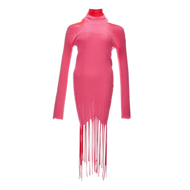 Pink Cotton Casual DressBottega Veneta Stretch Knit Long Dress with Fringes, doubled with two fabrics in pink and red, mock neck, long sleeves, stretch ribbed knit, sheath pattern, long two-tone bangs on bottom. SKU Item: 631324 VKWM0. Composition: 57% Co