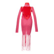 Pink Cotton Casual DressBottega Veneta Stretch Knit Long Dress with Fringes, doubled with two fabrics in pink and red, mock neck, long sleeves, stretch ribbed knit, sheath pattern, long two-tone bangs on bottom. SKU Item: 631324 VKWM0. Composition: 57% Co