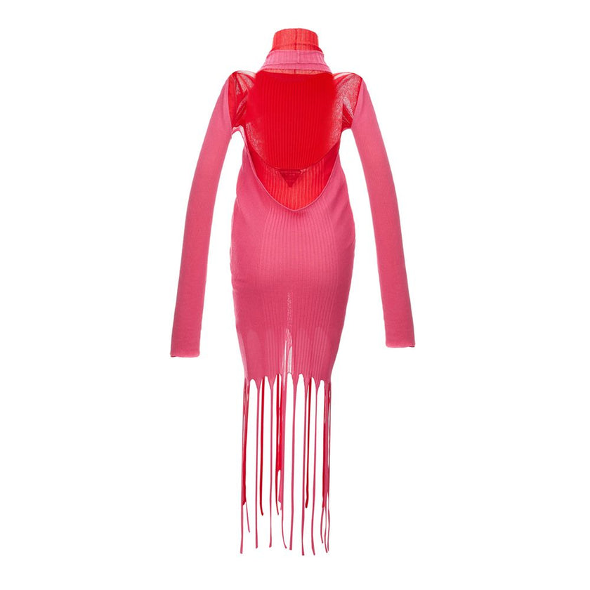 Pink Cotton Casual DressBottega Veneta Stretch Knit Long Dress with Fringes, doubled with two fabrics in pink and red, mock neck, long sleeves, stretch ribbed knit, sheath pattern, long two-tone bangs on bottom. SKU Item: 631324 VKWM0. Composition: 57% Co