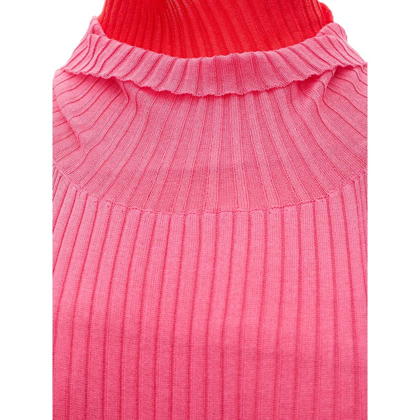 Pink Cotton Casual DressBottega Veneta Stretch Knit Long Dress with Fringes, doubled with two fabrics in pink and red, mock neck, long sleeves, stretch ribbed knit, sheath pattern, long two-tone bangs on bottom. SKU Item: 631324 VKWM0. Composition: 57% Co