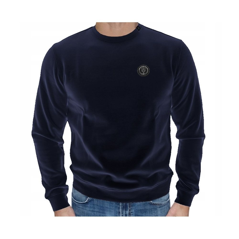 Blue Cotton SweatshirtBlue crewneck sweater for men Made from cotton blend Plastic logo plaque on the chest Logo print on the back Material: 52% Cotton 48% Polyester Size on Tag: LBlue Cotton Sweatshirt${tagsPlein SportAulae Blue Cotton Sweater Plein Spor