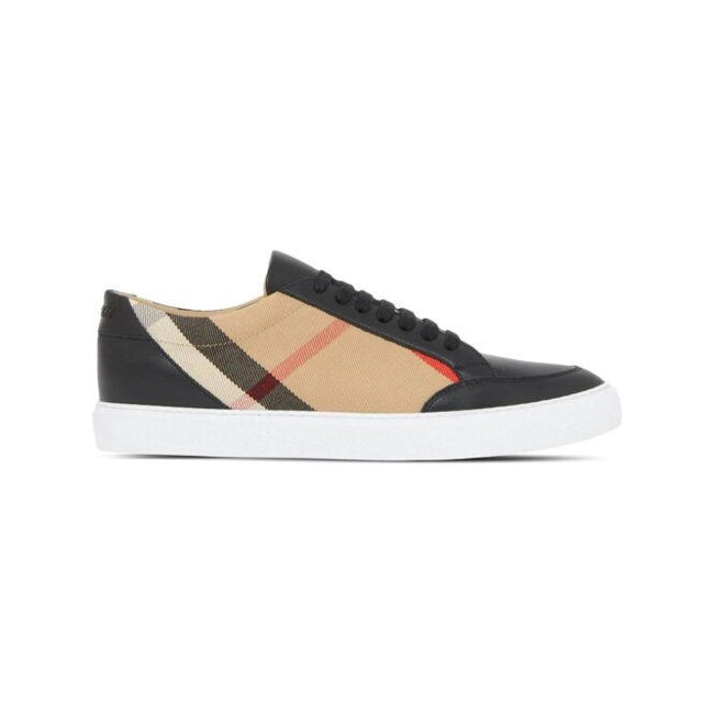 Black Leather New Salmond SneakersSneakers realised in smooth leather and canvas. Low-top lace-up sneakers featuring Burberry’s signature Vintage Check pattern in black, red, and beige. Crafted from a combination of smooth calf leather and cotton canvas,