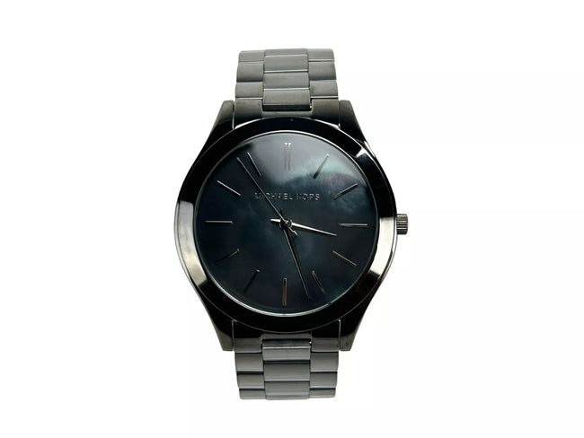 Slim Runway Gun Metal Stainless Steel Watch MK3413 NO BOXStyle: Michael Kors (MK3413) Slim Runway Watch Material: Stainless Steel Features: Non-Numeric Stick Hour Markers, Water Resistant 50m, Minimalistic Design Measures: 42 mm Case SizeSlim Runway Gun M
