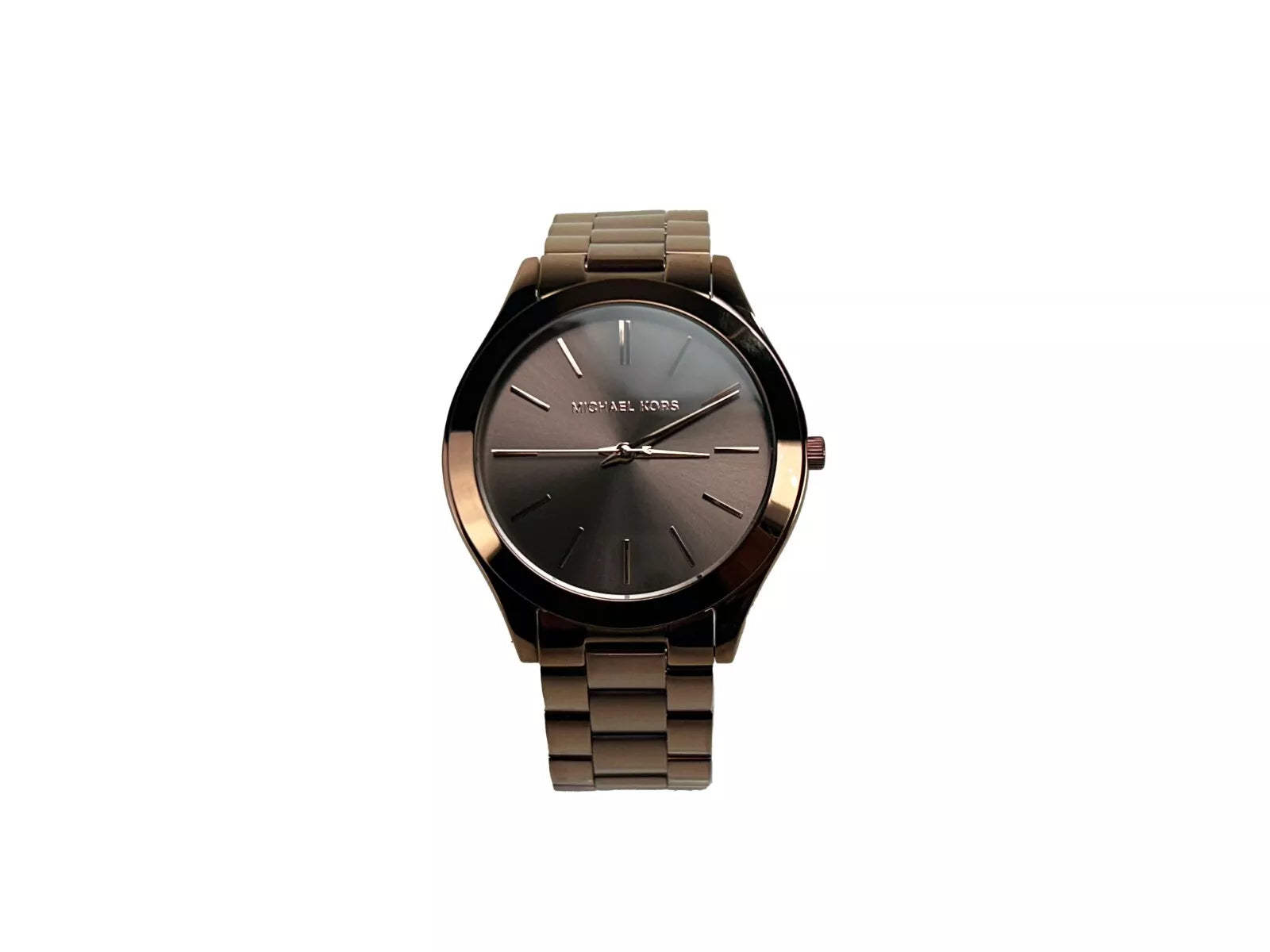 Slim Runway Brown Stainless Steel Watch MK3418 NO BOXStyle: Michael Kors (MK3418) Slim Runway Watch Material: Stainless Steel Features: Non-Numeric Stick Hour Markers, Water Resistant 50m, Minimalistic Design Measures: 42 mm Case SizeSlim Runway Brown Sta
