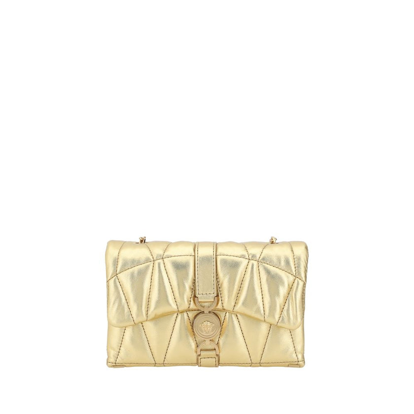 Gold Lamb Ovis Aries Aries Shoulder BagThe Kleio mini Shoulder Bag is made of lambskin leather, with a quilted design that adds a touch of elegance. It features a front closure with a magnetic flap, decorated with the brand’s iconic Medusa head. The chain