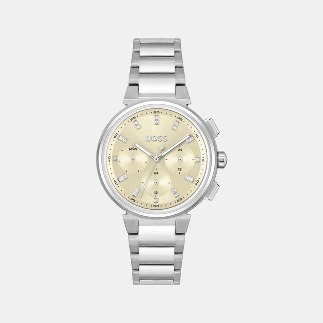 Silver Stainless Steel WatchType of mechanism: QUARTZ.Display: ANALOGICAL.Material Of Case: STAINLESS STEEL.Colour Of Case: SILVER.Material Of Bracelet: STAINLESS STEEL.Colour Of Bracelet: SILVER.Dial Colour:GOLDEN.Glass type: MINERAL.Clousure: PRESSURE.W