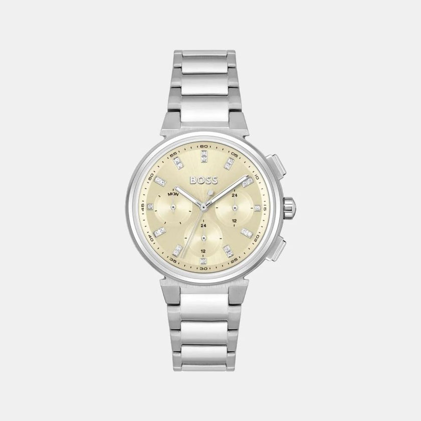 Silver Stainless Steel WatchType of mechanism: QUARTZ.Display: ANALOGICAL.Material Of Case: STAINLESS STEEL.Colour Of Case: SILVER.Material Of Bracelet: STAINLESS STEEL.Colour Of Bracelet: SILVER.Dial Colour:GOLDEN.Glass type: MINERAL.Clousure: PRESSURE.W