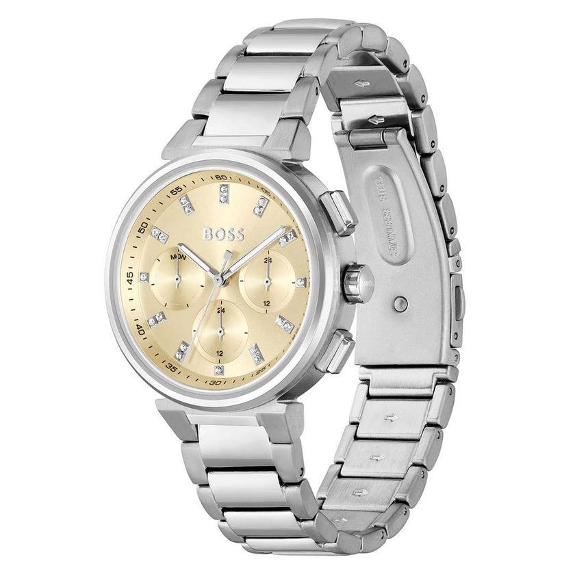 Silver Stainless Steel WatchType of mechanism: QUARTZ.Display: ANALOGICAL.Material Of Case: STAINLESS STEEL.Colour Of Case: SILVER.Material Of Bracelet: STAINLESS STEEL.Colour Of Bracelet: SILVER.Dial Colour:GOLDEN.Glass type: MINERAL.Clousure: PRESSURE.W