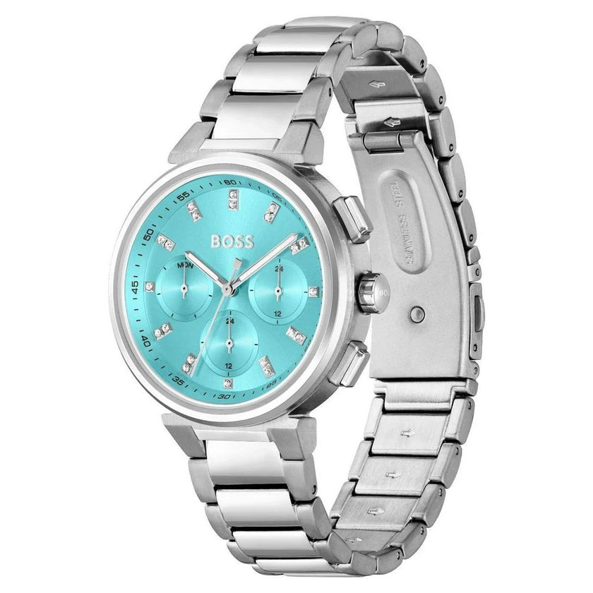 Silver Stainless Steel WatchType of mechanism: QUARTZ.Display: ANALOGICAL.Material Of Case: STAINLESS STEEL.Colour Of Case: SILVER.Material Of Bracelet: STAINLESS STEEL.Colour Of Bracelet: SILVER.Dial Colour:TURQUOISE.Glass type: MINERAL.Clousure: PRESSUR