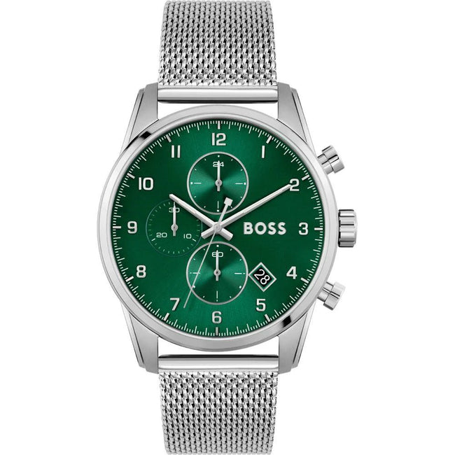 Silver Stainless Steel WatchType of mechanism: QUARTZ.Display: ANALOGICAL.Material Of Case: STAINLESS STEEL.Colour Of Case: SILVER.Material Of Bracelet: STAINLESS STEEL.Colour Of Bracelet: SILVER.Dial Colour:GREEN.Glass type: MINERAL.Clousure: PRESSURE.Wa